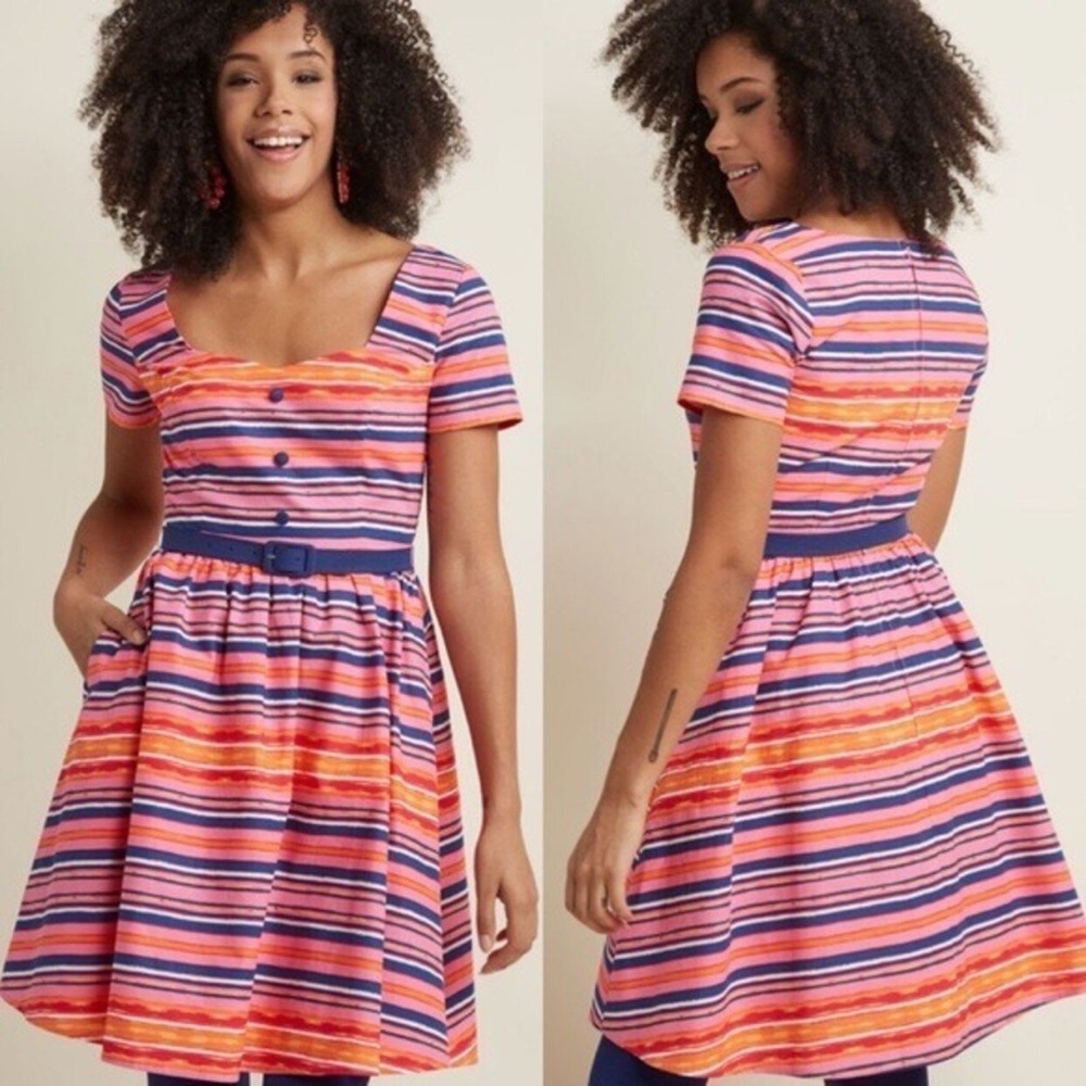 🌸 NEW ModCloth Cycling in Seville Fit & Flare Pink Stripe Dress Retro Pinup